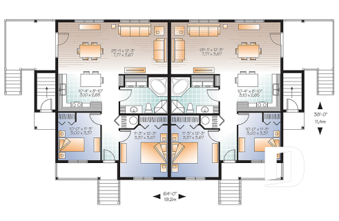 1st level - 4 unit apartment building plan, 2 bedrooms, laundry on each unit, great open floor plan concept - Williston Quarters