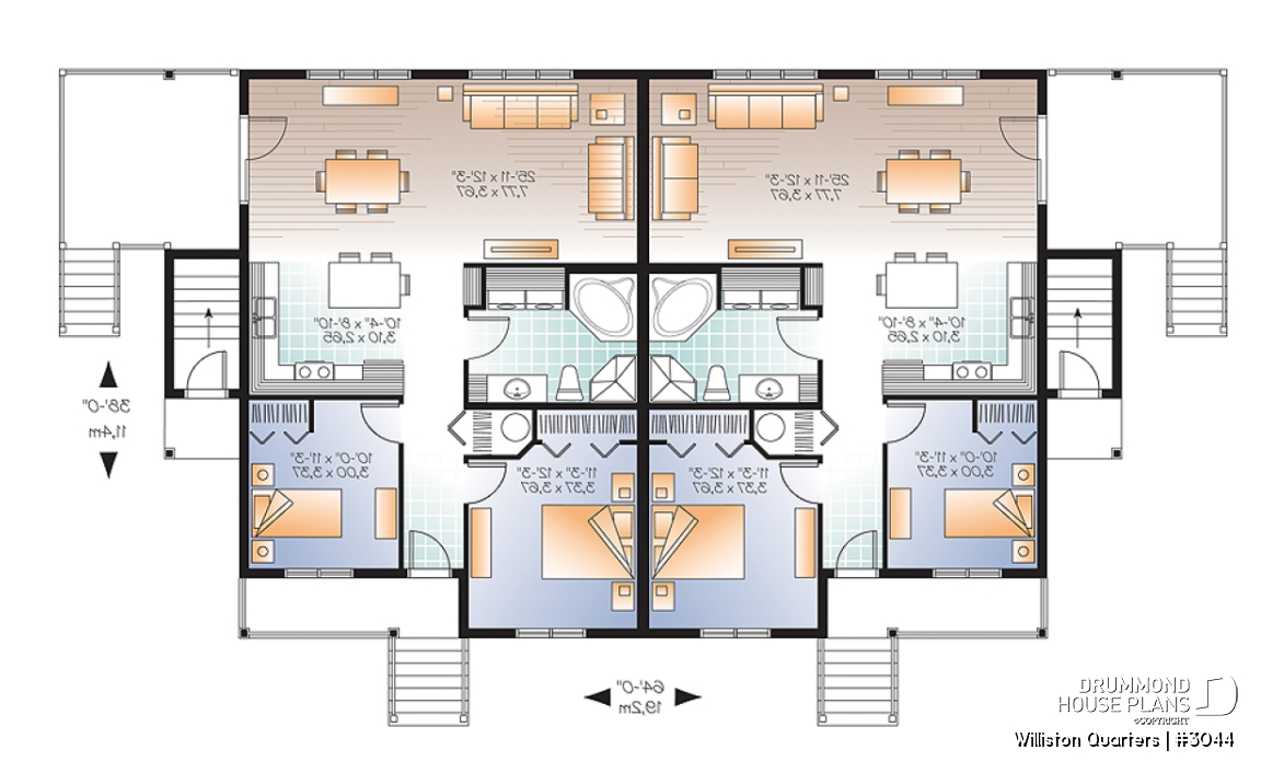 1st level - 4 unit apartment building plan, 2 bedrooms, laundry on each unit, great open floor plan concept - Williston Quarters