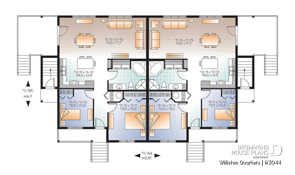 1st level - 4 unit apartment building plan, 2 bedrooms, laundry on each unit, great open floor plan concept - Williston Quarters