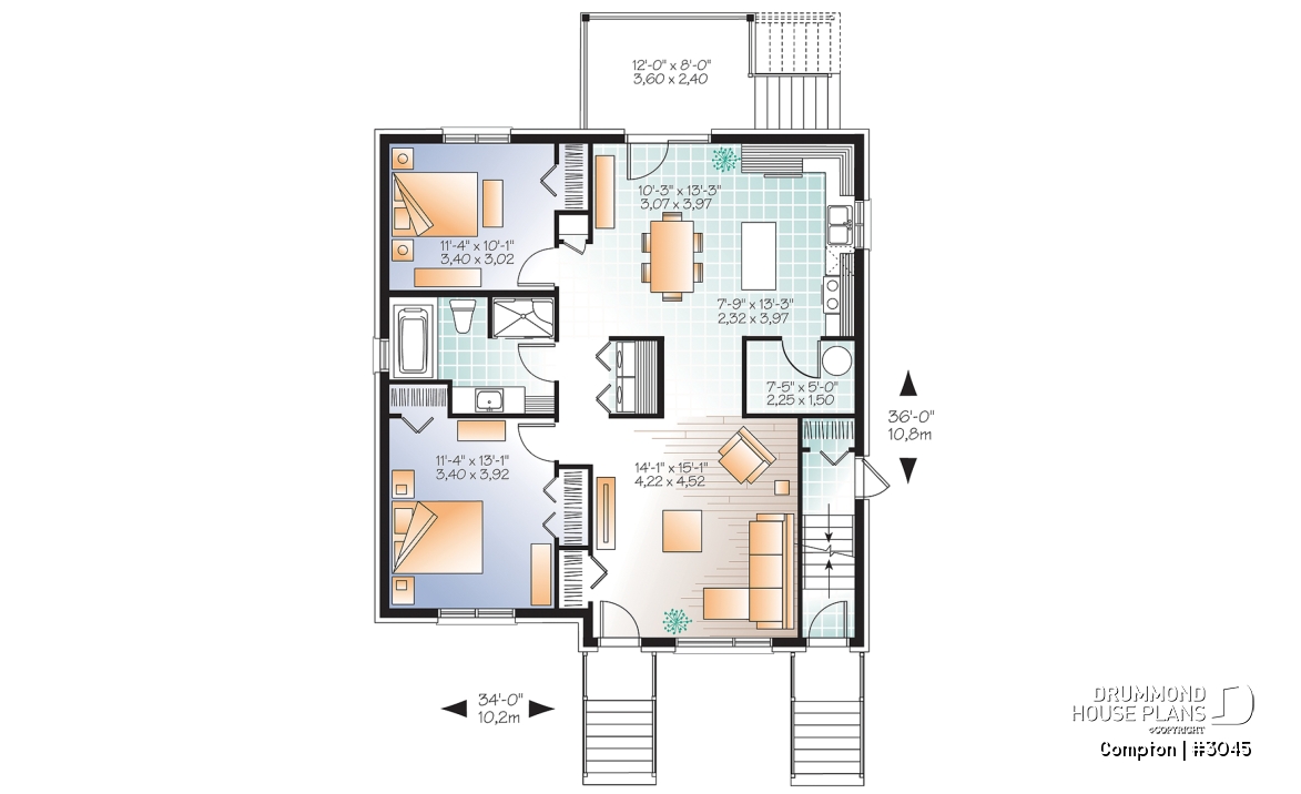 1st level - 3 unit apartment building plan with 2 beds, pantry, balcony and laundry closet on each unit - Compton