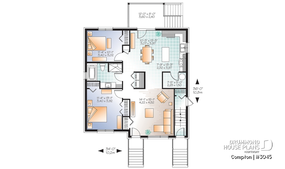 1st level - 3 unit apartment building plan with 2 beds, pantry, balcony and laundry closet on each unit - Compton