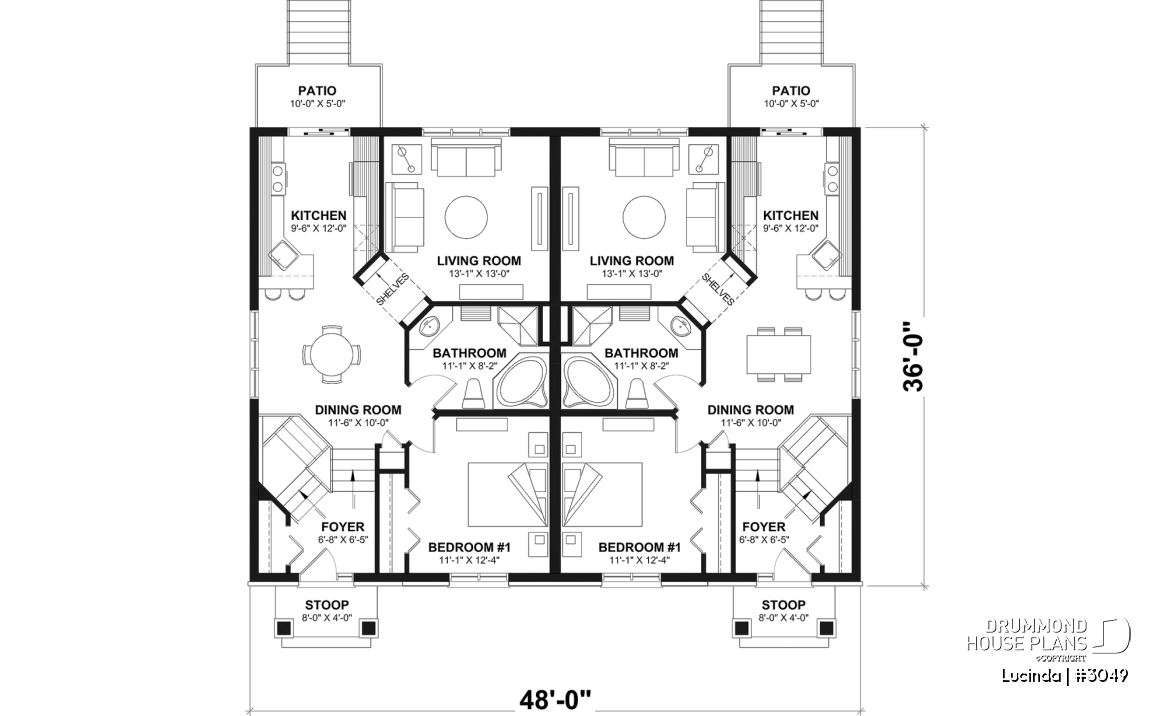 1st level - Duplex house plan with optionnel finished basement ($), master bedroom on main floor,, split entry - Lucinda