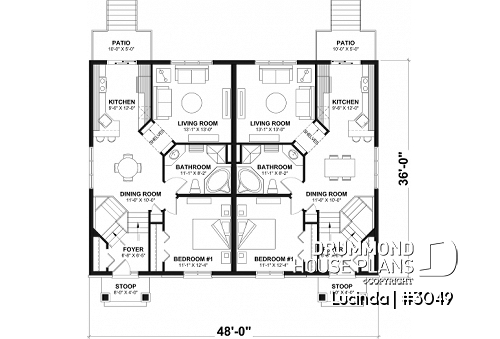 1st level - Duplex house plan with optionnel finished basement ($), master bedroom on main floor,, split entry - Lucinda