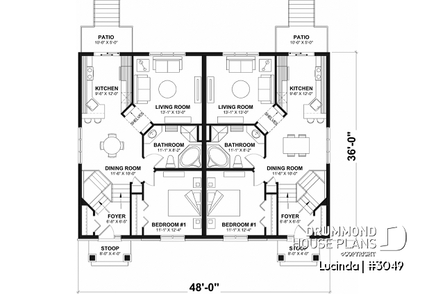 1st level - Duplex house plan with optionnel finished basement ($), master bedroom on main floor,, split entry - Lucinda