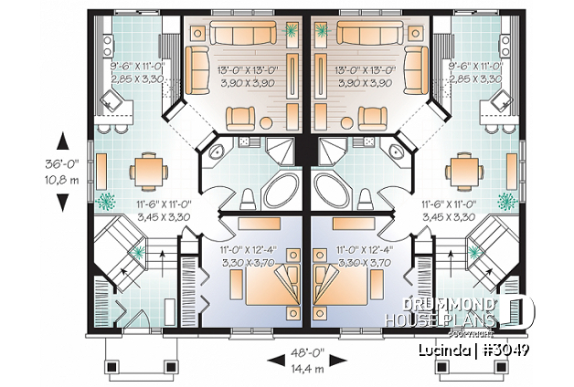 1st level - Duplex house plan with 3 bedrooms per unit, split entry, master bedroom on main floor, 2 bathrooms - Lucinda