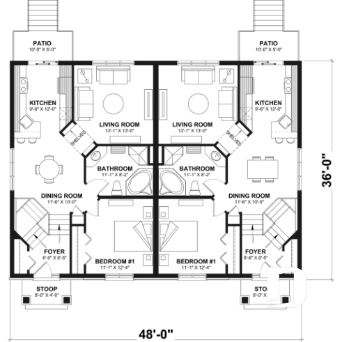 1st level - Duplex house plan with optionnel finished basement ($), master bedroom on main floor,, split entry - Lucinda