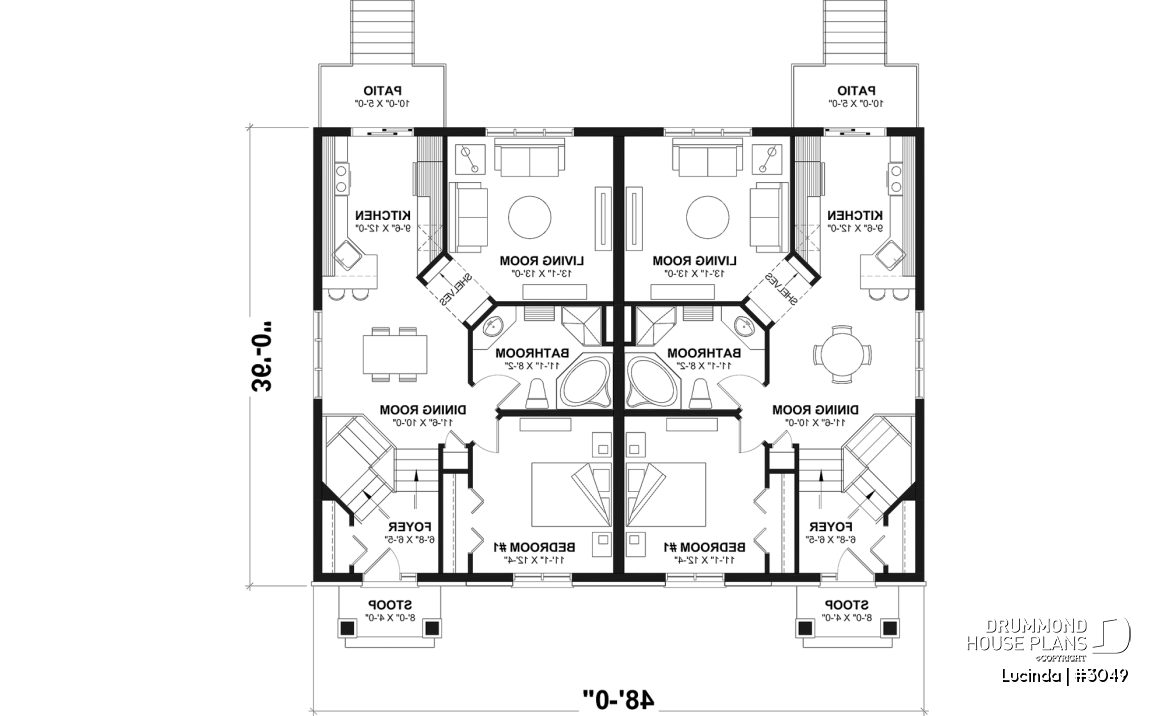1st level - Duplex house plan with optionnel finished basement ($), master bedroom on main floor,, split entry - Lucinda