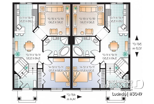 1st level - Duplex house plan with 3 bedrooms per unit, split entry, master bedroom on main floor, 2 bathrooms - Lucinda