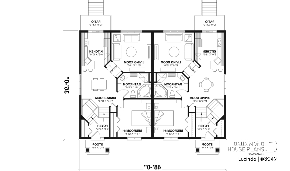1st level - Duplex house plan with optionnel finished basement ($), master bedroom on main floor,, split entry - Lucinda