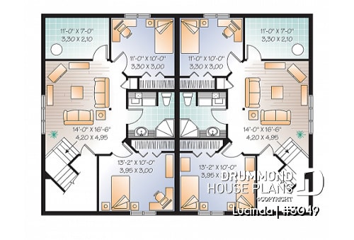 Basement - Duplex house plan with 3 bedrooms per unit, split entry, master bedroom on main floor, 2 bathrooms - Lucinda