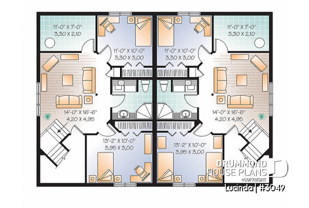 Basement - Duplex house plan with 3 bedrooms per unit, split entry, master bedroom on main floor, 2 bathrooms - Lucinda