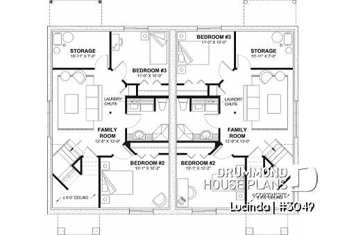 Finished basement - Duplex house plan with optionnel finished basement ($), master bedroom on main floor,, split entry - Lucinda