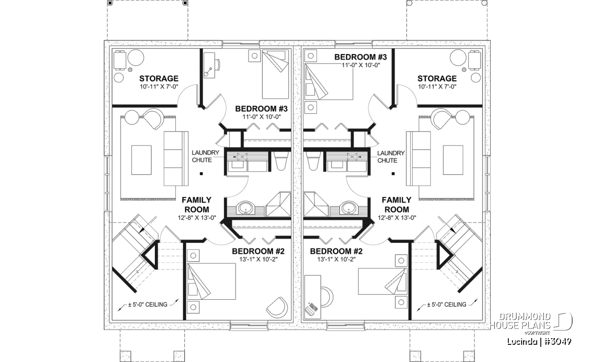 Finished basement (Optional $) - Duplex house plan with optionnel finished basement ($), master bedroom on main floor,, split entry - Lucinda