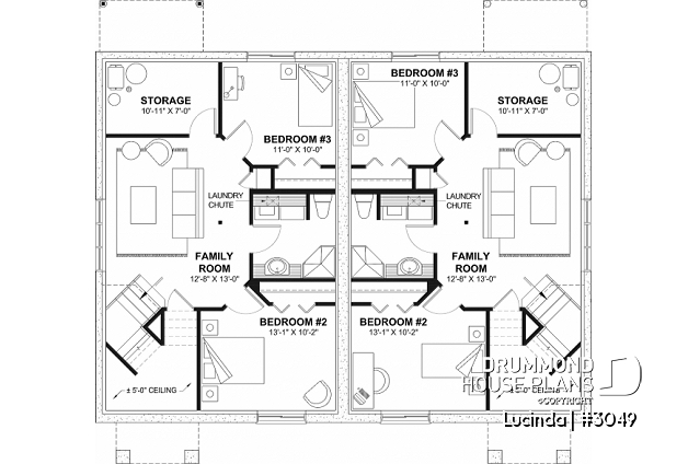 Finished basement (Optional $) - Duplex house plan with optionnel finished basement ($), master bedroom on main floor,, split entry - Lucinda