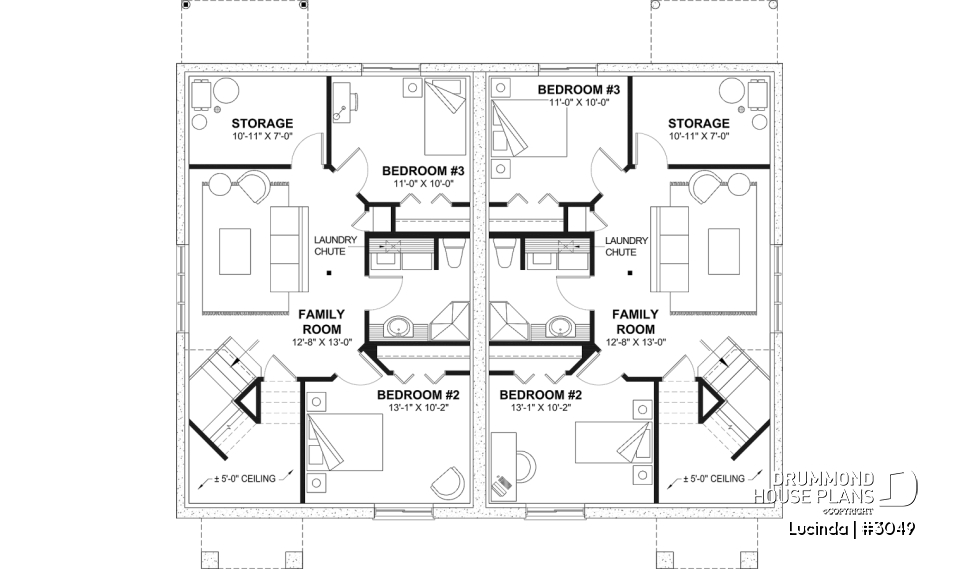 Finished basement (Optional $) - Duplex house plan with optionnel finished basement ($), master bedroom on main floor,, split entry - Lucinda