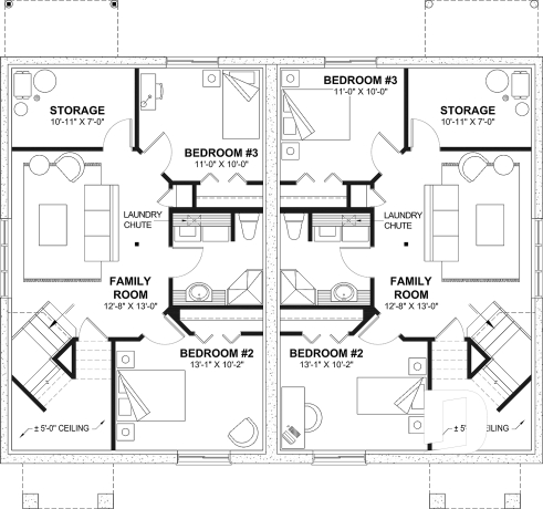 Finished basement (Optional $) - Duplex house plan with optionnel finished basement ($), master bedroom on main floor,, split entry - Lucinda