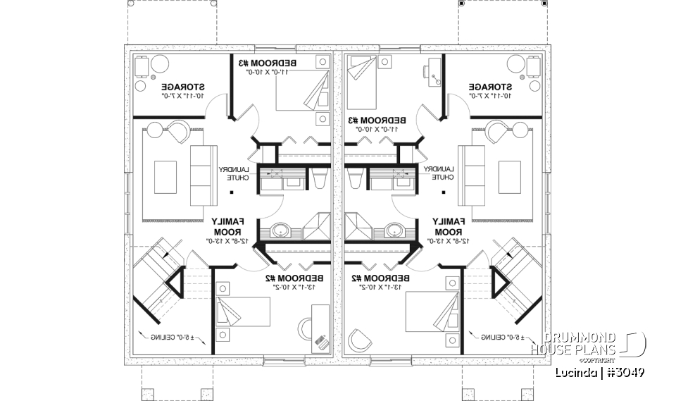 Finished basement (Optional $) - Duplex house plan with optionnel finished basement ($), master bedroom on main floor,, split entry - Lucinda