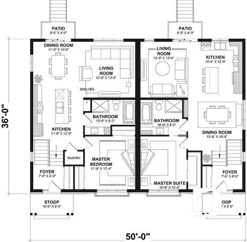 1st level - Modern rustic duplex house plan, open floor plan concept with 3 bedrooms and 2 full bathrooms - Lucinda 2