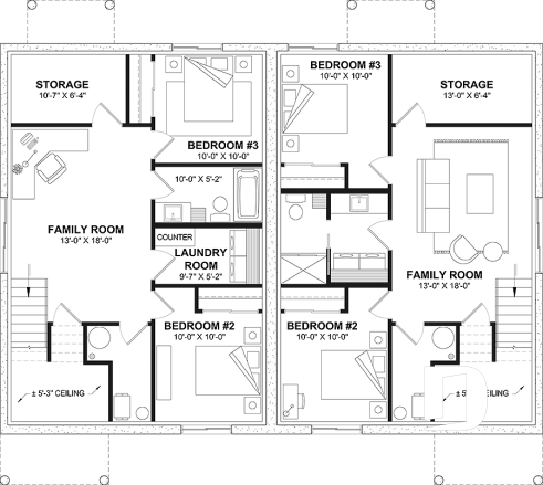 Basement - Modern rustic duplex house plan, open floor plan concept with 3 bedrooms and 2 full bathrooms - Lucinda 2