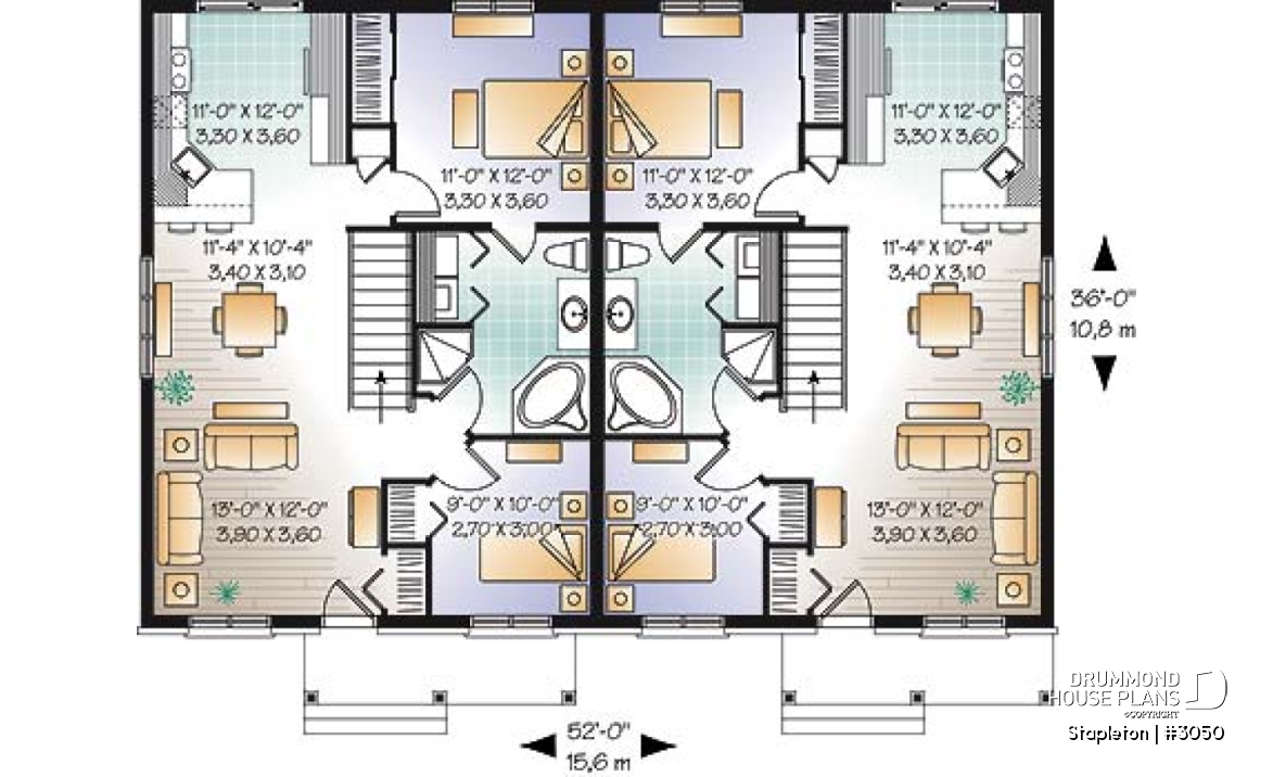 1st level - Economical 2 bedroom duplex house plan, nice front porch, laundry closet on main, lunch-counter - Stapleton