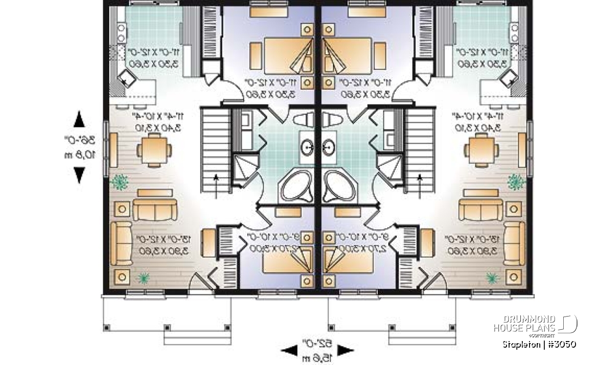 1st level - Economical 2 bedroom duplex house plan, nice front porch, laundry closet on main, lunch-counter - Stapleton
