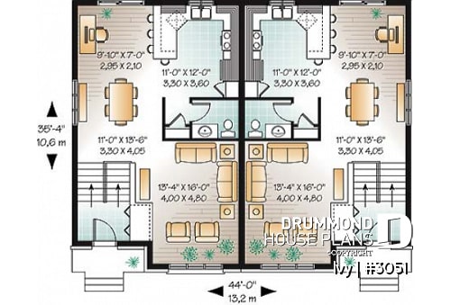 1st level - Traditional style semi-detached house plan, 3 bedrooms, computer corner, half bath on main floor - Ivy