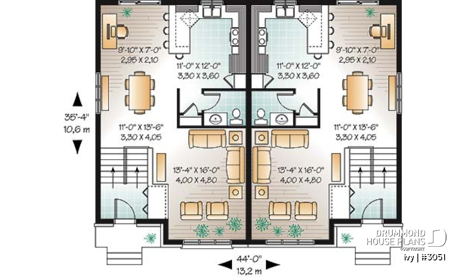 1st level - Traditional style semi-detached house plan, 3 bedrooms, computer corner, half bath on main floor - Ivy