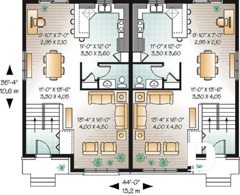 1st level - Traditional style semi-detached house plan, 3 bedrooms, computer corner, half bath on main floor - Ivy