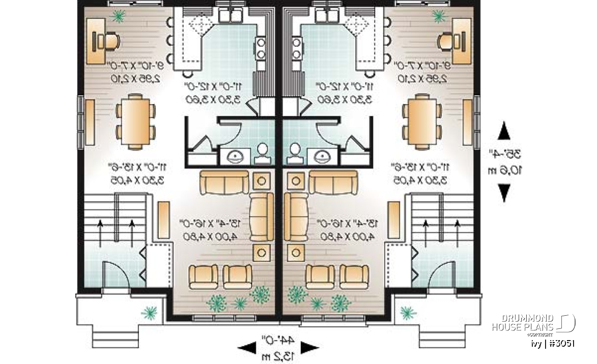 1st level - Traditional style semi-detached house plan, 3 bedrooms, computer corner, half bath on main floor - Ivy