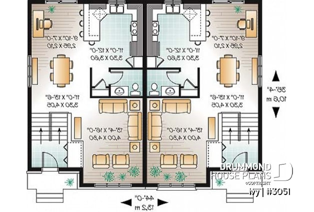1st level - Traditional style semi-detached house plan, 3 bedrooms, computer corner, half bath on main floor - Ivy