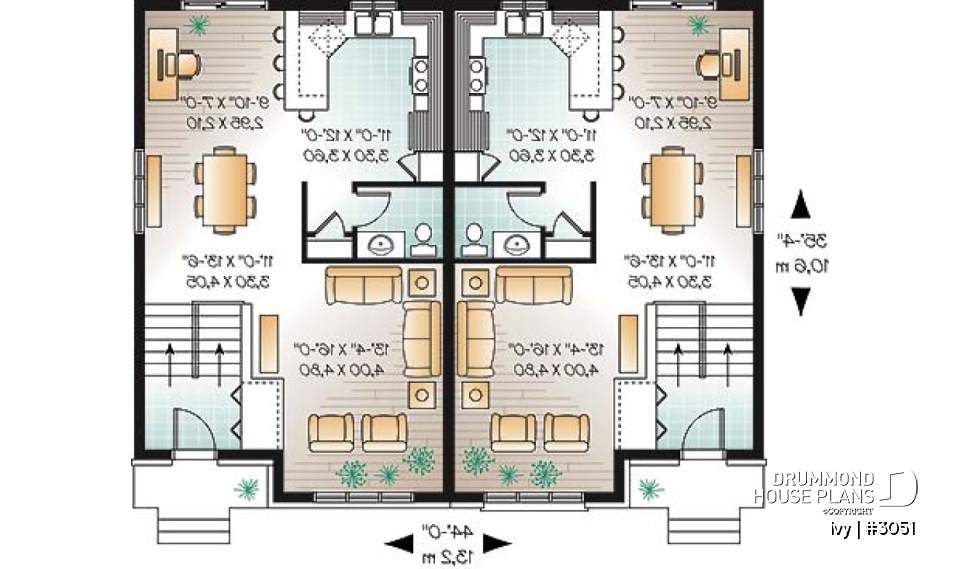 1st level - Traditional style semi-detached house plan, 3 bedrooms, computer corner, half bath on main floor - Ivy