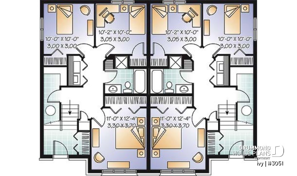 Basement - Traditional style semi-detached house plan, 3 bedrooms, computer corner, half bath on main floor - Ivy