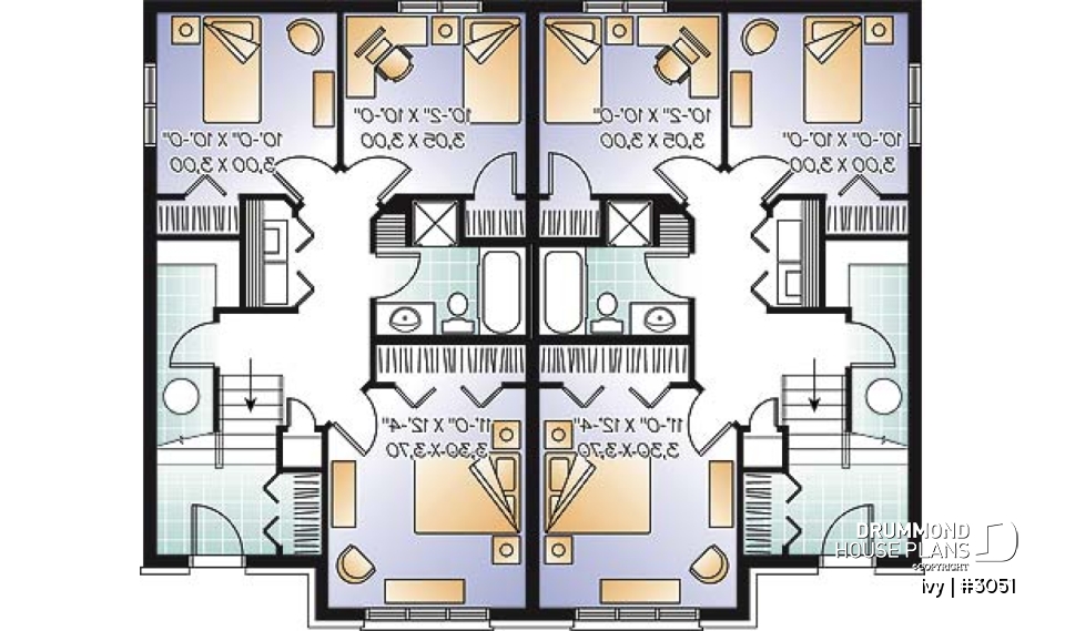 Basement - Traditional style semi-detached house plan, 3 bedrooms, computer corner, half bath on main floor - Ivy