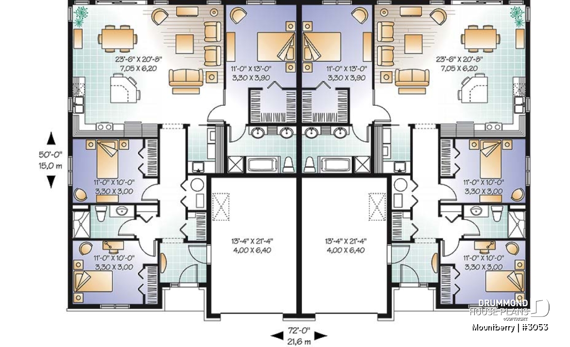 1st level - Duplex plan with 3 bedrooms and master suite on each unit + garage - Mountberry