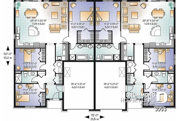 1st level - Duplex plan with 3 bedrooms and master suite on each unit + garage - 