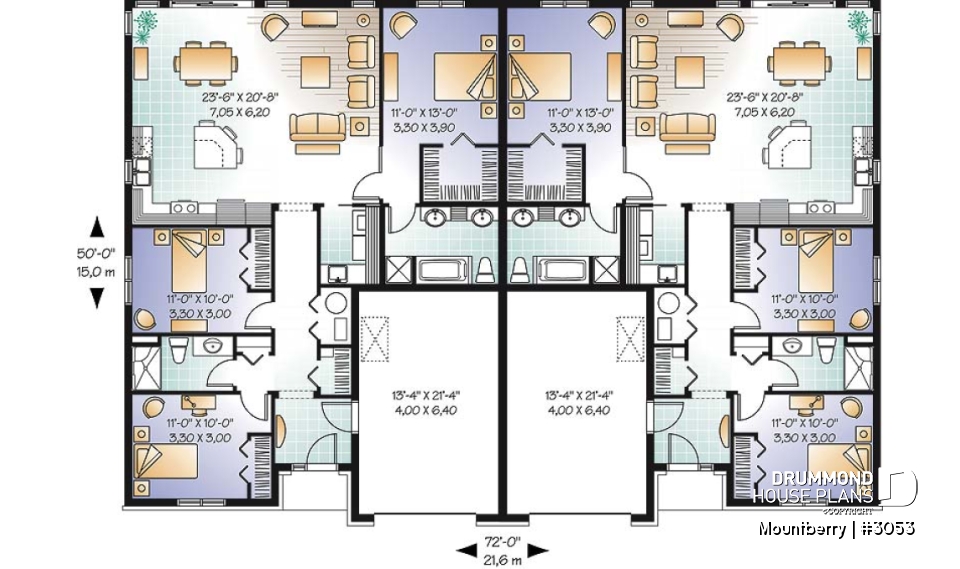 1st level - Duplex plan with 3 bedrooms and master suite on each unit + garage - Mountberry