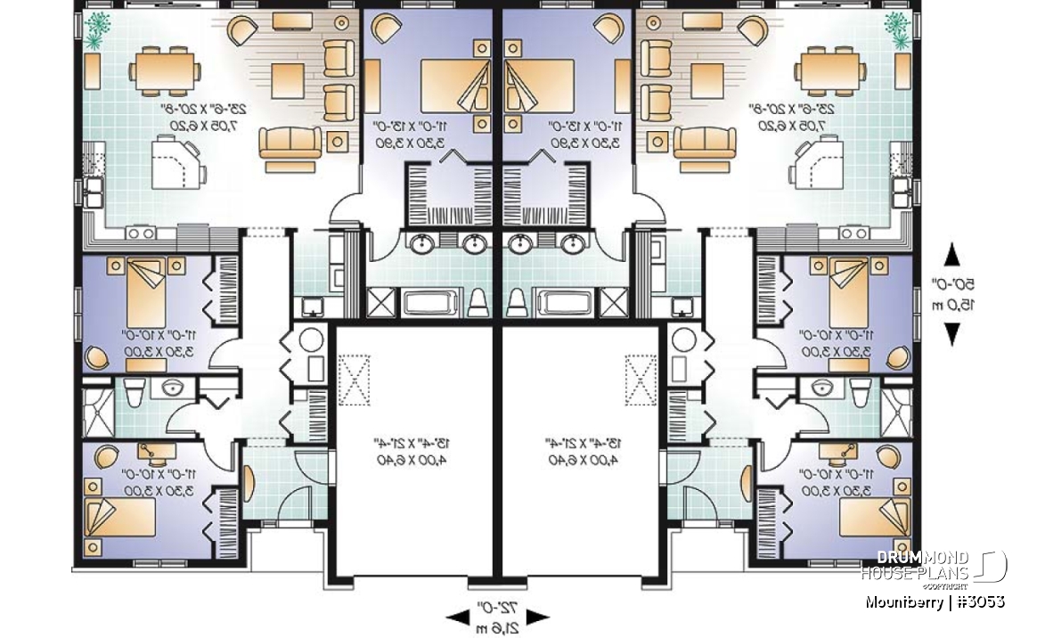 1st level - Duplex plan with 3 bedrooms and master suite on each unit + garage - Mountberry