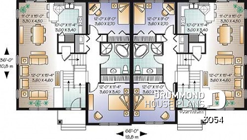 1st level - Duplex house plan with open floor plan concept, 3 bedrooms and garage for each unit - 