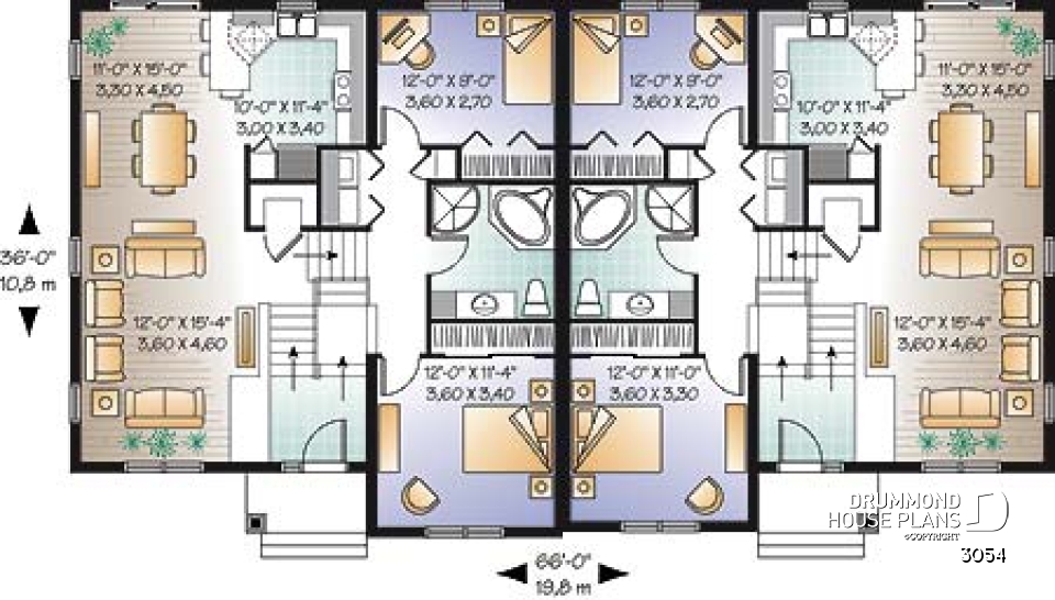 1st level - Duplex house plan with open floor plan concept, 3 bedrooms and garage for each unit - 