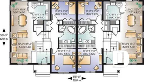 1st level - Duplex house plan with open floor plan concept, 3 bedrooms and garage for each unit - 
