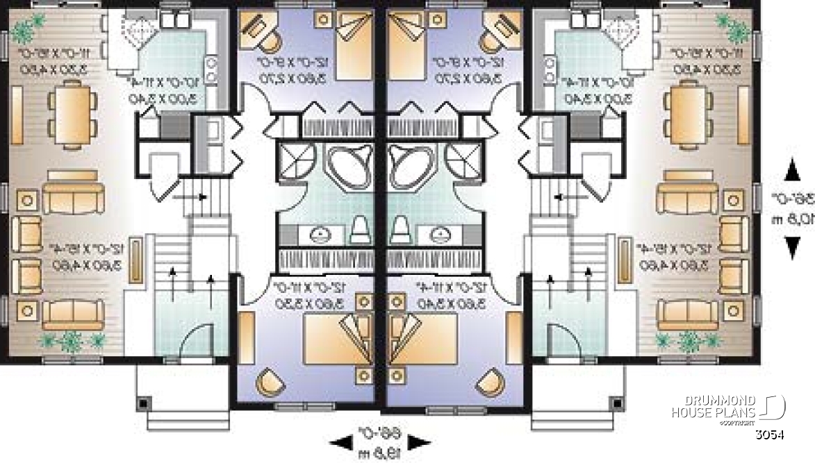 1st level - Duplex house plan with open floor plan concept, 3 bedrooms and garage for each unit - 
