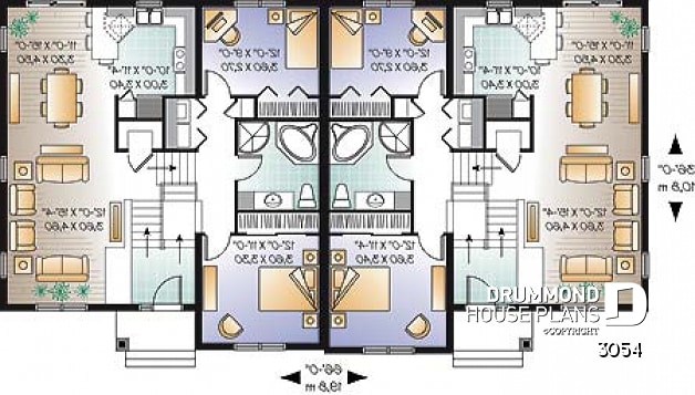 1st level - Duplex house plan with open floor plan concept, 3 bedrooms and garage for each unit - 