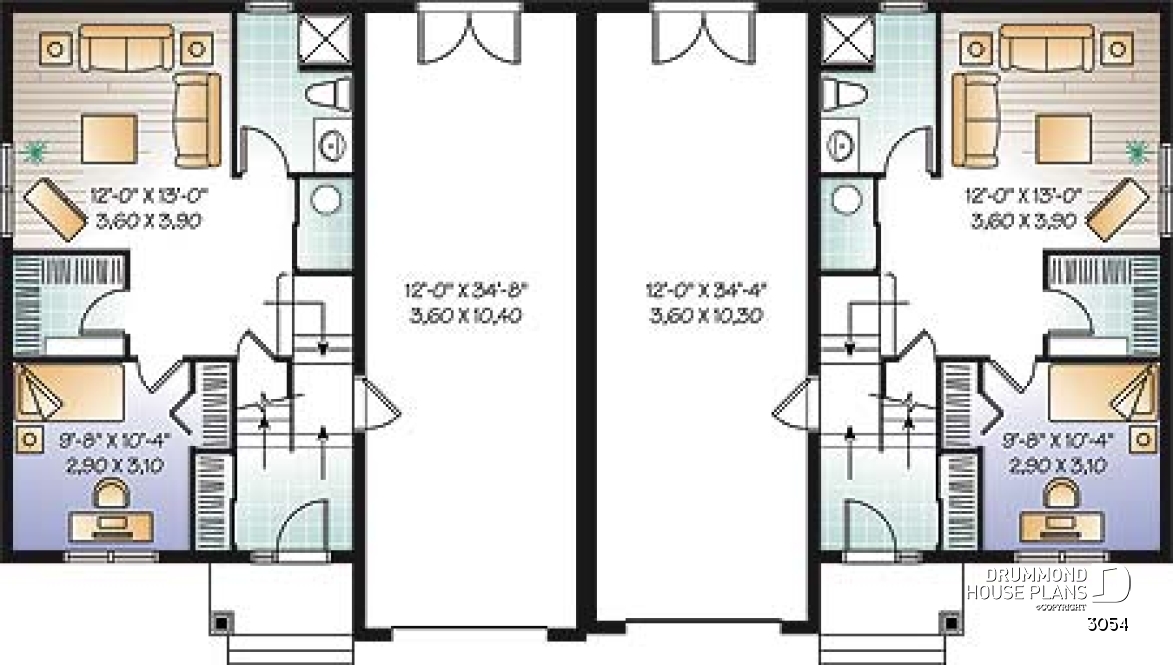 Basement - Duplex house plan with open floor plan concept, 3 bedrooms and garage for each unit - 