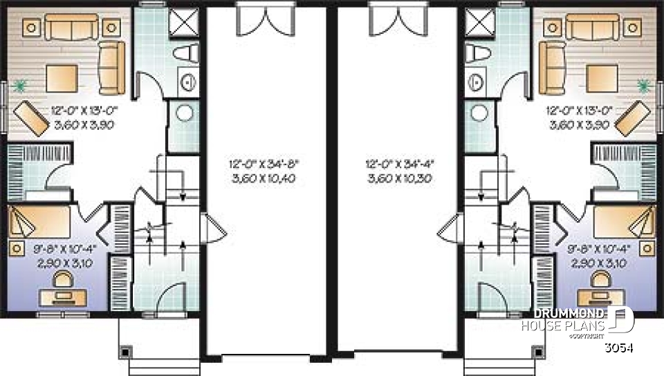 Basement - Duplex house plan with open floor plan concept, 3 bedrooms and garage for each unit - 
