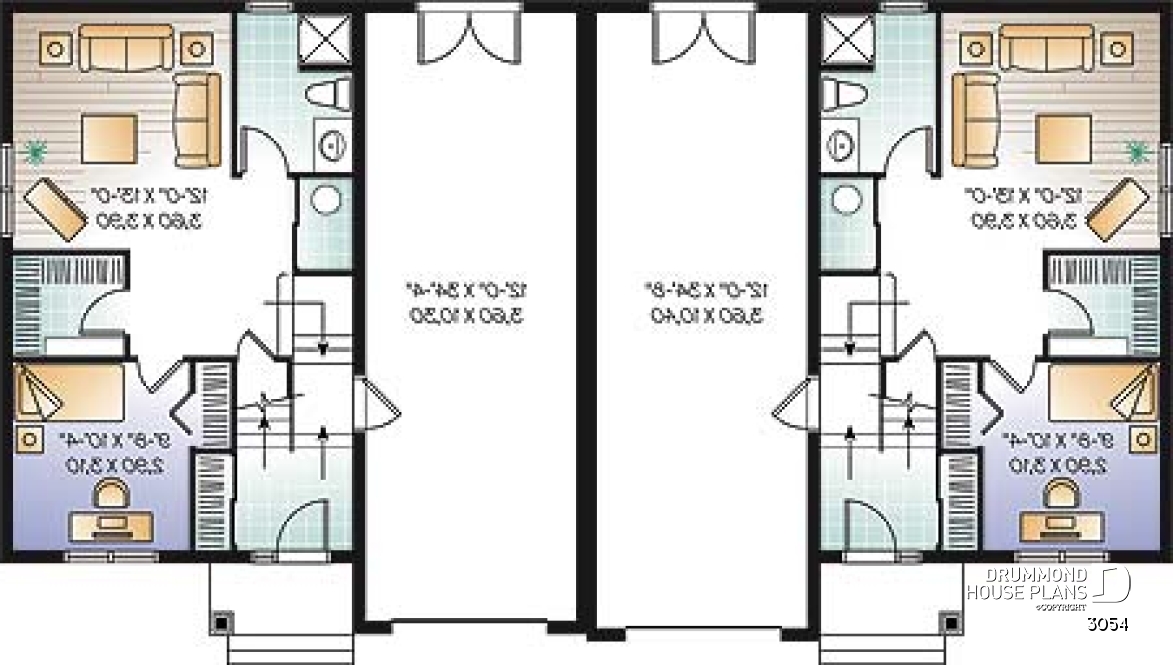 Basement - Duplex house plan with open floor plan concept, 3 bedrooms and garage for each unit - 