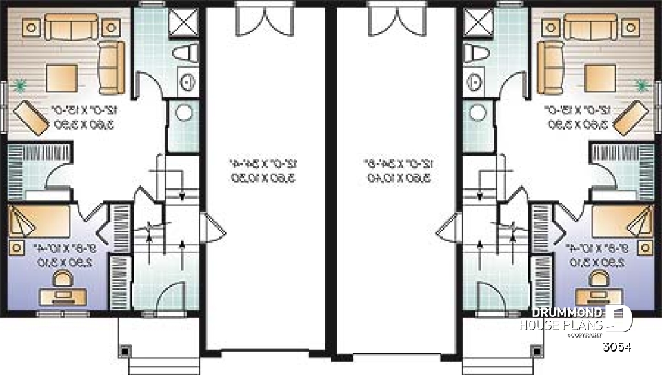 Basement - Duplex house plan with open floor plan concept, 3 bedrooms and garage for each unit - 