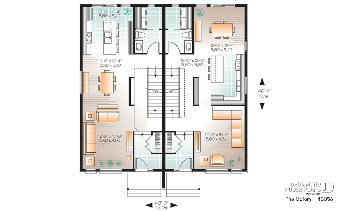 1st level - Modern duplex plan, 3 bedrooms per unit, laundry room on main floor, master suite, open concept - The Mallory 