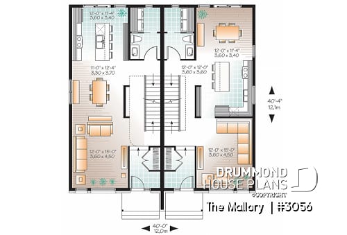 1st level - Modern duplex plan, 3 bedrooms per unit, laundry room on main floor, master suite, open concept - The Mallory 