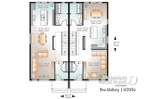 1st level - Modern duplex plan, 3 bedrooms per unit, laundry room on main floor, master suite, open concept - The Mallory 