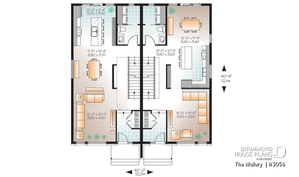 1st level - Modern duplex plan, 3 bedrooms per unit, laundry room on main floor, master suite, open concept - The Mallory 